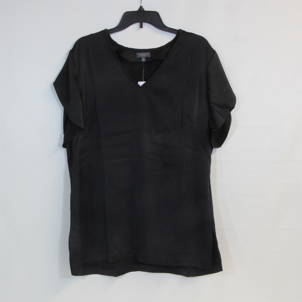 The Limited Elegant Black Embellished V-Neck Women's Short Sleeve Blouse